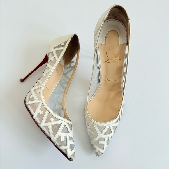 Christian Louboutin White Patent leather Tititata Mesh pointed toe pumps EU 39.5 - Picture 1 of 11